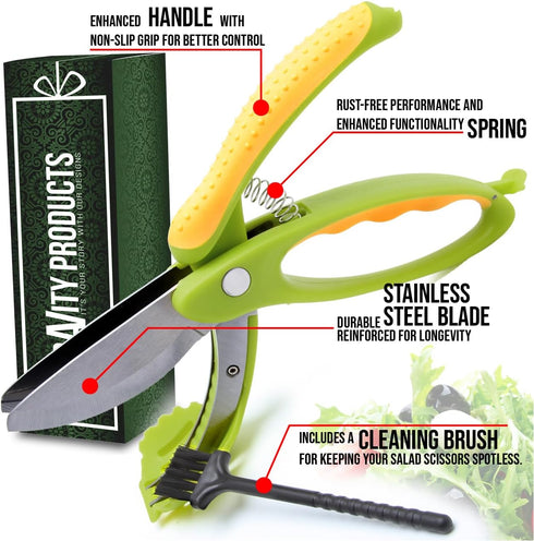 Salad Scissors - 2-in-1 Food Chopper and Kitchen Shears for Easy Salad Making, Vegetables, Meat & More - Ergonomic Handle, Stainless Steel Blades...