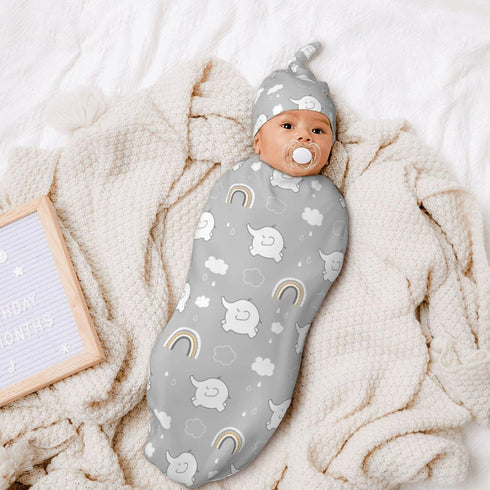 Elephant Grey Rainbow Baby Newborn Swaddling Blanket with Beanie Hat Set, Baby Stuff Newborn Receiving Blanket for Baby Boy Girl Swaddles Wrap for...