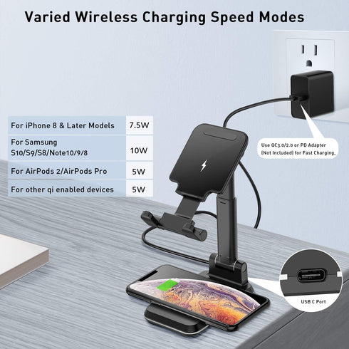 Wireless Charger, 2 in 1 Dual Wireless Charging Stand, Adjustable Phone Holder for Desk 10W Qi Fast Charger Compatible with iPhone 14/13/12/11/Pro...