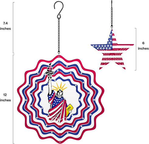 12 Inch 3D Patriotic Wind Spinner for Yard and Garden Outdoor Décor,3D Kinetic Metal Wind Sculptures,12 Inch Red White & Blue Statue of Liberty De...