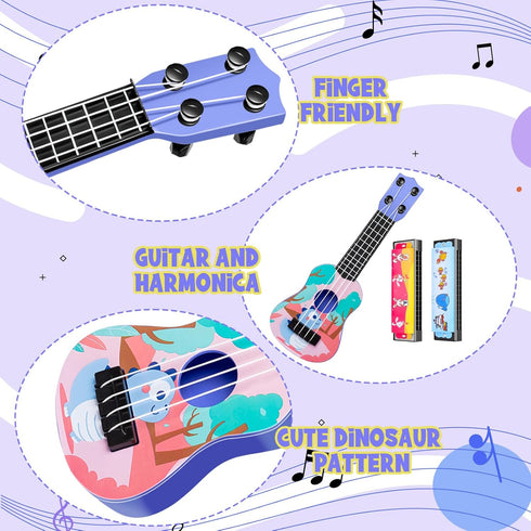 Kids Guitar 10" Musical Toy Guitar, Classical Mini Toddler Ukulele with 2 Extra Harmonica 16 Holes and 2 Guitar pick (Dinosaur)...