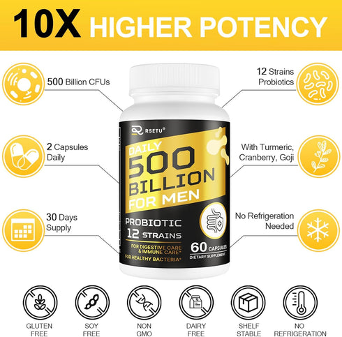 Probiotics for Men, 500 Billion CFU 12 Strains Mens Probiotic with Turmeric Cranberry & Goji, Gut Health for Men, Probiotics for Men Digestive Hea...