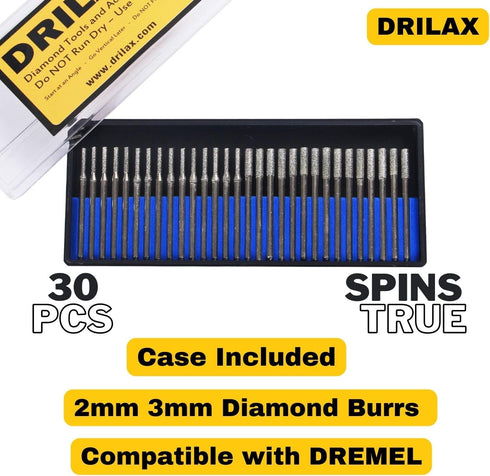 Drilax 30-Pc Diamond Drill Bit Set | 15x 2mm & 15x 3mm | 1/8" Shank Dremel Compatible for Glass, Sea Glass, Gemstones & Lapidary...