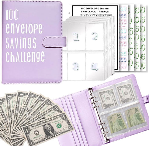 100 Envelope Challenge Binder,A5 Money Saving Binder with Cash Envelopes,Budget Binder for Planning and Saving $5050,Money Savings Challenges Bind...