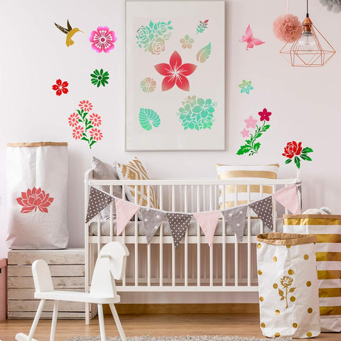 17 Pieces Flower Stencils for Painting on Wood Large Sunflower Painting Stencil Template Summer Butterflies Bird Rose Leaf Reusable Stencils DIY f...