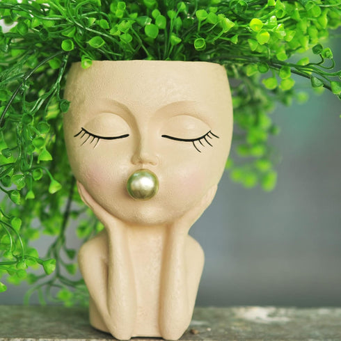 Planters for Indoor Plants Cute Lady Bubble Blowing Head Planter Resin Face Planters Flower Pot with Drainage Hole (Brown)...