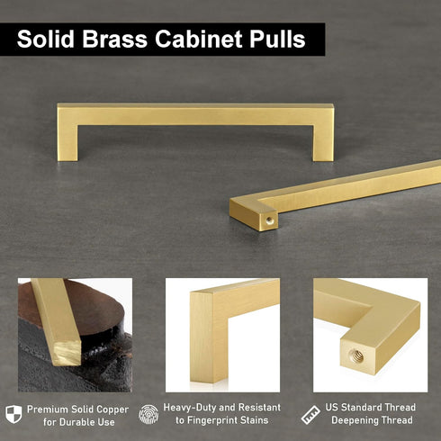 QOGRISUN 2-Pack Solid Brass Cabinet Pulls, Gold Square Drawer Handles, 3-inch Hole Center Kitchen Hardware for Dresser, Cupboard, Brushed Brass Fi...