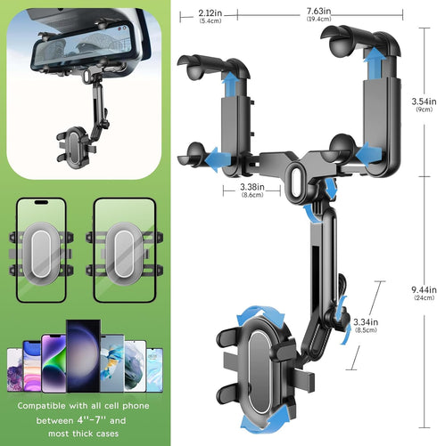 Rear View Mirror Phone Holder For Car - Multifunctional 360 Rotatable Car Rearview Mirror Phone Holder, With Retractable Curved Handle, Fixed At F...