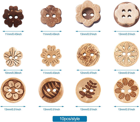 Pandahall 120pcs Coconut Shell Sewing Buttons 2 Holes Flower Leaf Basic Sewn-On Craft Buttons 12 Styles for DIY Sewing Clothing Accessories Scrapb...