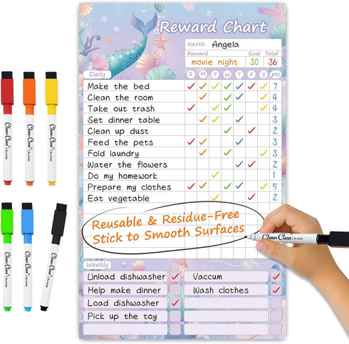 Clever Clean Dry Erase Chores Chart for Kids, Reusable Reward Chart Chart, Non-Magnetic Kids Chore Board Clings to Any Smooth Surfaces, 6 Whiteboa...