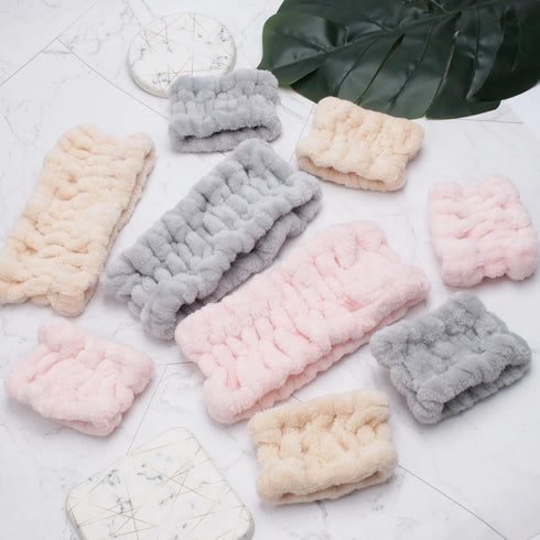 WHAVEL 9 PCS Face Wash Headband and Wristband Set, Makeup Spa Headband and Wristband Skin Care Headbands Arm Wrist Bands for Washing Face (Khaki, ...