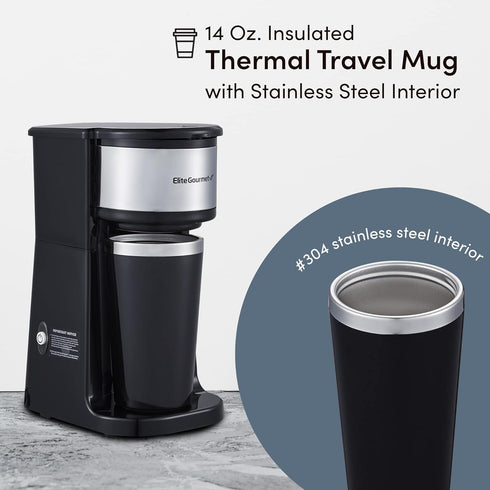 Elite Gourmet EHC112 Personal Single-Serve Compact Coffee Maker Brewer Includes 14Oz. Stainless Steel Interior Thermal Travel Mug, Compatible with...
