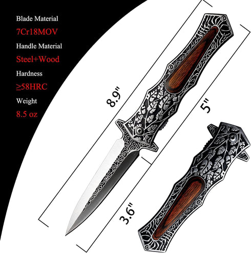 Leaf Patterned Wood Handle Japanese Pocket Knife with Clip, 8.9" Tactical Survival Folding Knife for Outdoor Camping, Hunting, EDC, Fishing, Gifts...