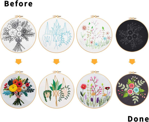 Nuberlic 4 Pack Embroidery Kit for Beginners Cross Stitch Kits Needlepoint Kits for Adults, Include 4 Embroidery Hoops, 4 Embroidery Cloth with Pa...