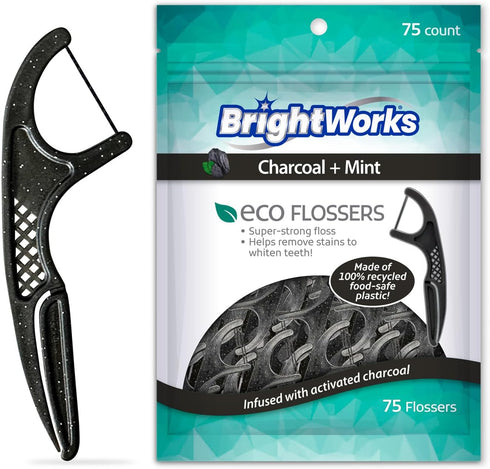 Brightworks ECO Sustainable Floss Picks - 225 Count - Made in USA Charcoal + Mint Infused 100% Post-Consumer Recycled Plastic with Micro-Crystals ...