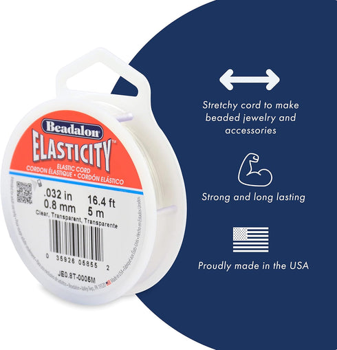 Beadalon Elasticity Stretch Cord - Strong Elastic String for Bracelets - Ideal Friendship Bracelet String | 0.8mm Thick, 16ft Long, Robust & Cryst...