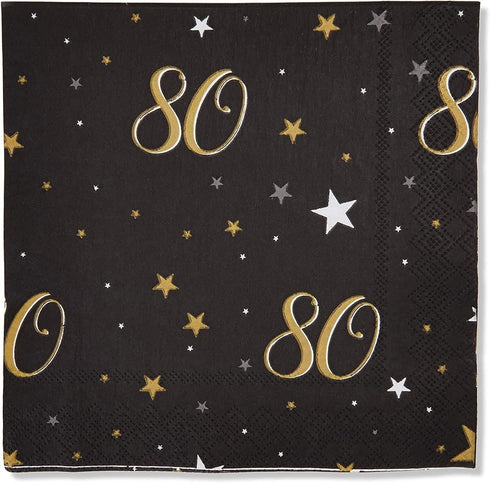 Sparkle and Bash Bulk Happy 80th Birthday Napkins for Party Decorations, 2-Ply, Black and Gold (6.5 x 6.5 In), Pack of 100-80th Birthday Decoratio...