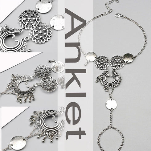 Boho Disc Barefoot Sandals Anklets Bracelet Silver Disc Ankle Bracelet Tribal Tassel Toe Chain Anklet Summer Beach Ankle Chain Foot Jewelry for Wo...