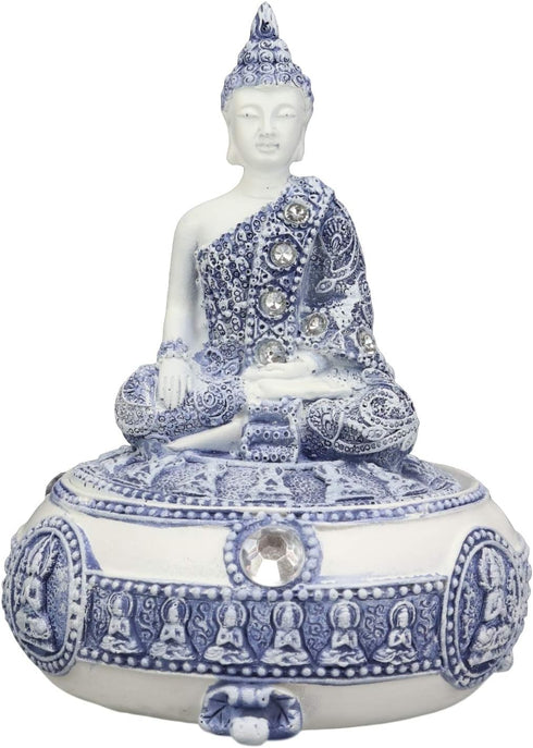 Ebros Gift Bhumisparsha Mudra Buddha Amitabha Meditating Terracotta Blue And White Round Jewelry Box Figurine 5.25"Diameter Buddhist Eastern Enlig...
