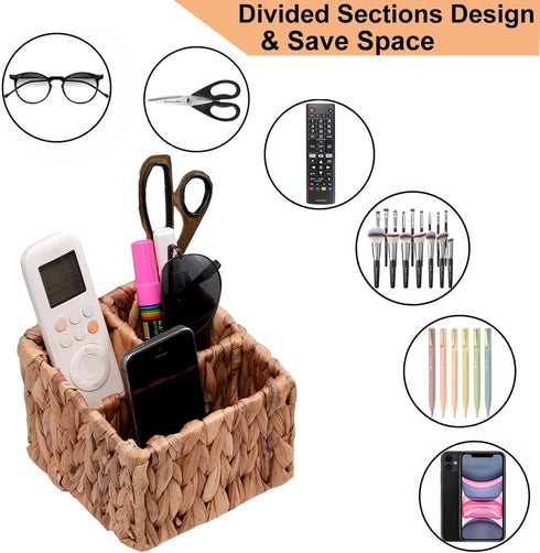 Remote Control Holder Wicker Desk Organizer Divided Storage Basket,Hand Woven Cosmetic Storage Box with 3 Compartments,Water Hyacinth Remote Contr...