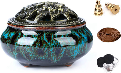 Ceramic Incense Burner with Incense Stick Holder + Insulation use for Stick or Coil Incense, Sage Cones and Frankincense (Fambe Blue)...