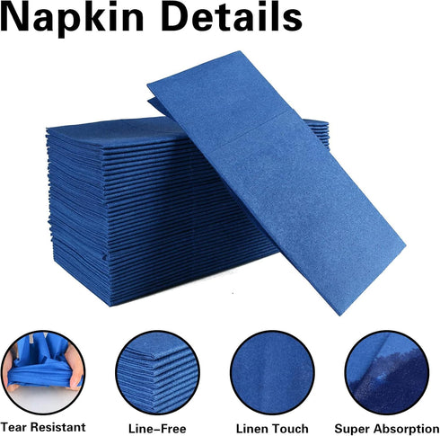 Navy Blue Napkins Hand Towels Disposable, Linen-Feel Dinner Napkins with Prefolded Built-in Flatware Pocket, Guest Paper Hand Towels For Wedding, ...