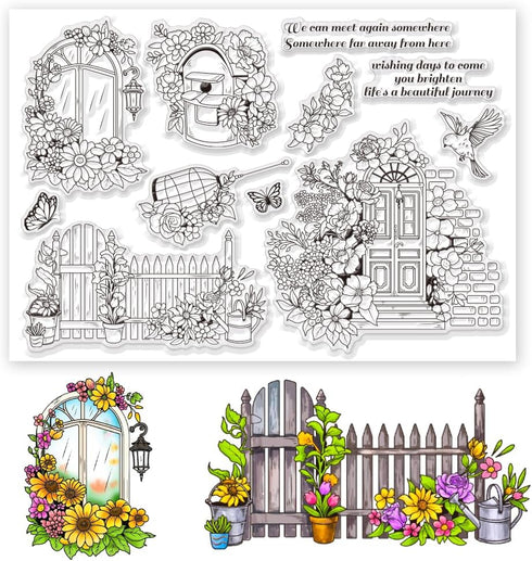 Door Fence Landscape Clear Stamps Large Size Flower Bird Cage Silicone Stamp Garden Blooming Scenery Stamps for Card Making DIY Scrapbooking Photo...