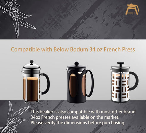 French Press glass Beaker, 34 oz, compatible with Bodum, Bayka,Utopia ... most of 34oz french press in market, Borosilicate 3.3 Glass, Universal R...