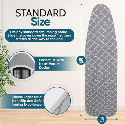 Ironing Board Cover – Iron Board Cover with Padding 100% Cotton Fabric with Metalized Coating & Foam Lamination, Prevents Burning, Great Cover for...