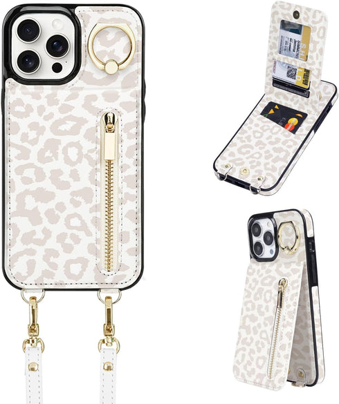 uCOLOR for iPhone 15 Pro Wallet Case with Card Holders for Women, Crossbody Zipper Protective Leather Case with Strap Wrist Ring RFID Kickstand De...