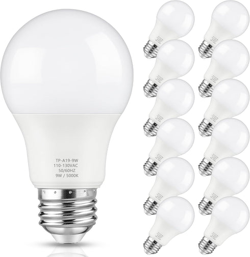 A19 LED Light Bulb, 60 Watt Equivalent LED Bulb, Daylight White 5000K, 850 Lumen, E26 Base, Non-Dimmable, 9W Bright White LED Bulb, 12-Pack...