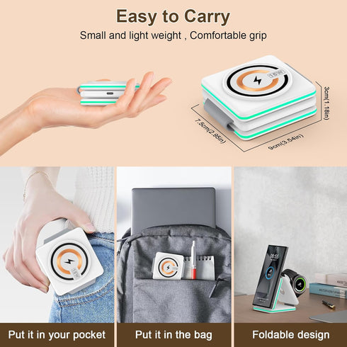 15W Fast Wireless Charger Pad Foldable 3 in 1 Travel Wireless Charging Station Kick for Samsung Galaxy S24 S23 FE S22 S21 S20/Note20/Z Flip Fold 6...