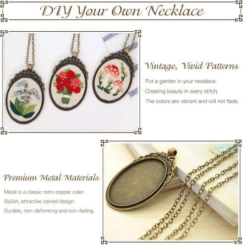 ZOCONE 3 Packs Embroidery Necklace Kit, Embroidery Pendant Kit Mini Cross Stitch Kit with Hoop, Necklace, Pendant, Beads, Stamped Pattern Cloth, I...