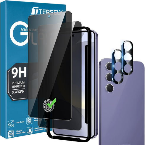 T Tersely [2+2 Pack 9H Tempered Glass Privacy Screen Protector for Samsung Galaxy S24 Plus 5G, with Installation Alignment Frame, Support Fingerpr...
