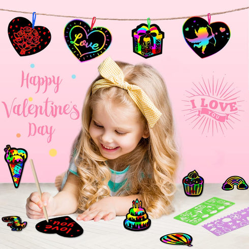 ZMLM Rainbow Scratch Art Party Favors - 160 Mini Heart Scratch Art Note Pads Craft Art Paper for Kids DIY Cards - Black Scratch Art Supplies Birth...