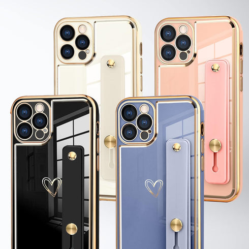 KANGHAR Designed for iPhone 13 Pro Max Case with Strap Luxury Love Heart Plating Gold Bumper Phone Cover Wristband Kickstand Full Body Protective ...
