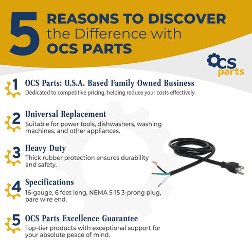 OCS Parts NEMA 5-15 16-Gauge 3-Wire Appliance and Power Tool Cord | 6 Feet | Replacement SJTW Power Cord with Open End...