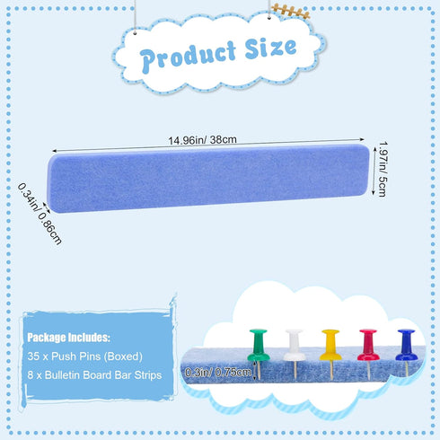 8 Pack Felt Pin Board Bar Strips, 15inch Bulletin Board Bar Strips Self-Adhesive Cork Board for Wall Office Decor with 35 Push Pins(Blue)...