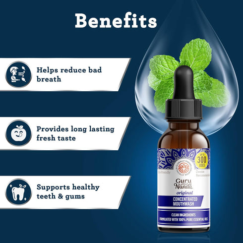 GuruNanda Concentrated Mouthwash (2 fl oz), Fluoride-Free, Mint Mouthwash with Natural Essential Oils, Supports 300 Rinses, Aids in Fresh Breath...