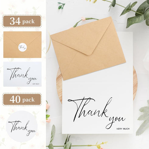 Joyberg Thank You Cards With Envelopes 34 pack, 4x6 Inch White Thank You Envelopes are Suitable for Weddings, Graduations, Funerals and Other Occa...