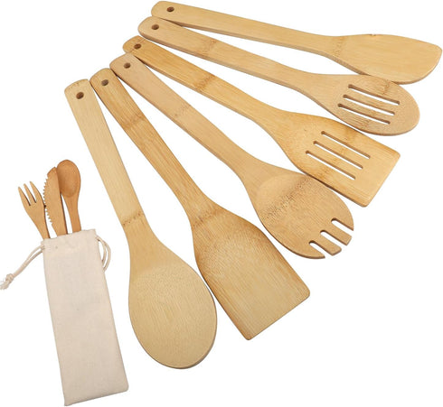 6-Piece Bamboo Wooden Spoons for Cooking Wood Spatula Spoon Nonstick Kitchen Utensil Set with 3-Piece Bamboo Take Along Reusable Utensil Set for H...