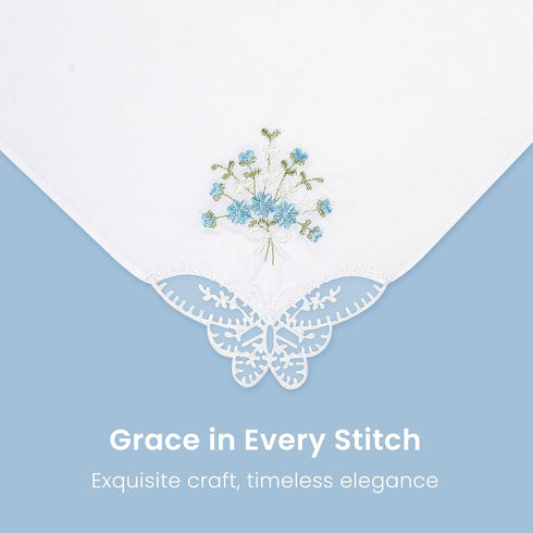 Selected Hanky Women's Cotton Handkerchiefs Flower Embroidered with Lace, Ladies Hankies 6 Pcs - Blue Floral...