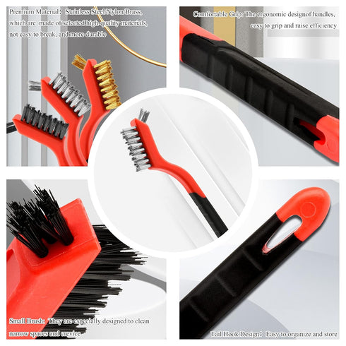 Wire Brush Set, 3 Pcs Stainless Steel/Brass/Nylon Wire Brushes for Cleaning with Curved Handle Grip for Rust Removal, Dirt, Paint Scrubbing(Red)...