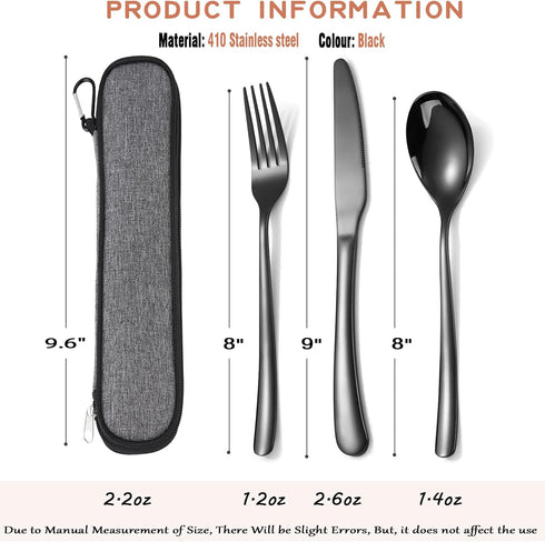 MURRI&MURRDI Stainless Steel Cutlery Set for 1, Reusable Flatware Set with Case, Cutlery Set for Work Stainless Steel Knife Fork Spoon Set 3 Piece...