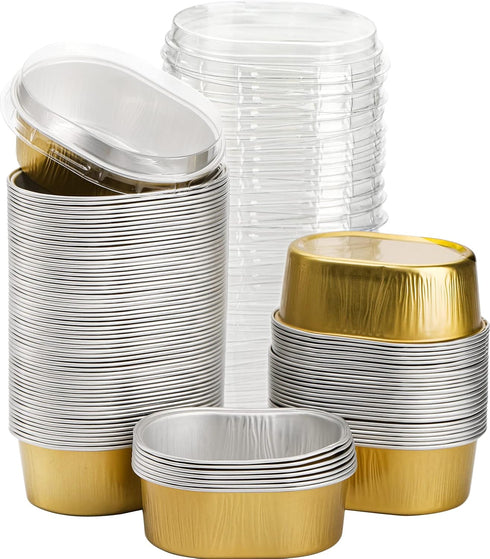 Dicunoy 100 Pack Mini Aluminum Cups with Lids, 3 OZ Disposable Muffin Liners Containers, Individual Ramekins Flan Pan for Dessert, Creme Brulee, P...