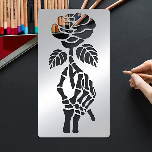 BENECREAT Stainless Steel Flower Stencil Templates, Reusable Rose and Skull Hand Painting Template Journal Tool for Wood Burning Pyrography Engrav...