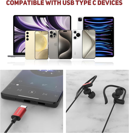USB C Headphones with Microphone Wired USB C Earphones for Sports and Running Type C Earbuds Hooks Volume Control, Compatible with iPhone 15, Sams...
