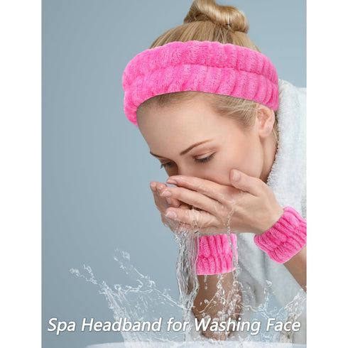 VELSCRUN 6 Pcs Rose Pink Bubble Puffy Sponge Spa Headband Wristband Set, Spa Headbands for Wash Face, Makeup Headband, Facial Skincare Headbands W...