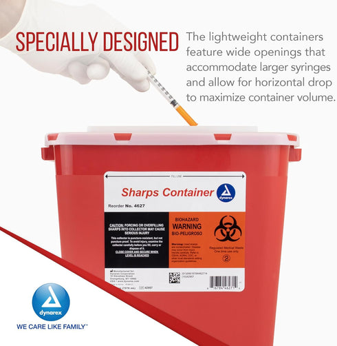 Dynarex Sharps Container, Provides a Safe Disposal of Medical Waste and Needles, Non-Sterile & Latex-Free, 2 Gallons, Made with Thermoplastic, Red...