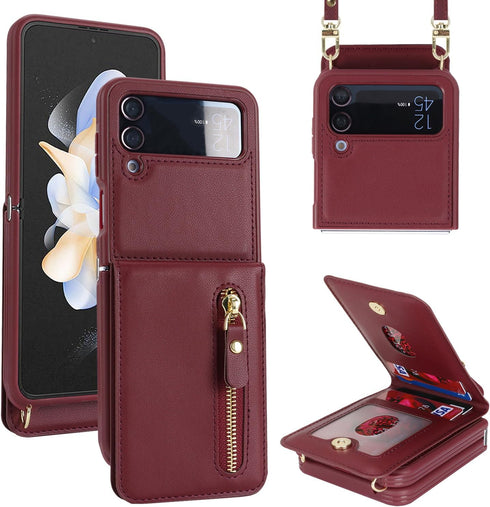 Cavor for Samsung Galaxy Z Flip 4 Case Wallet with for Women,Galaxy Z Flip 4 Case with Strap,Crossbody Strap Lanyard Card Holder Stand,Flip 4 Phon...